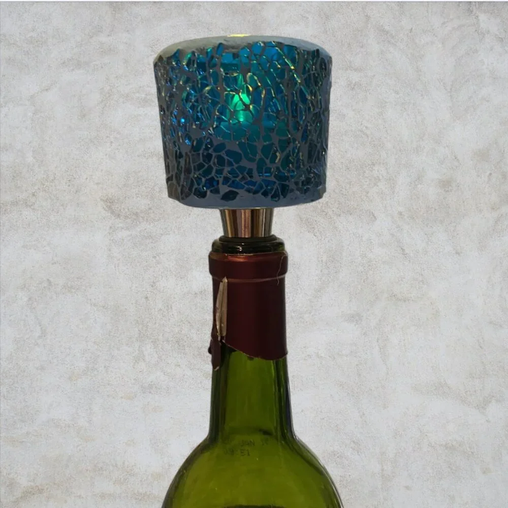 WINE STOPPER -- Unique Tea Light Holder, Blue Mosaic Glass, Fits Standard Bottle